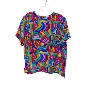 Vintage Anna and Frank Silk Blouse 22 Watercolor Color Block Rainbow 100% Silk